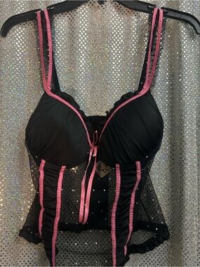 Black & Pink Lace Trim Bustier - Women's Intimates